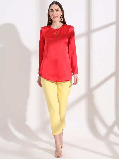 Summer Satin Red Mandarin Collar Button Tunic