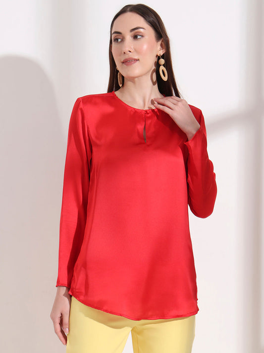 Summer Satin Red Mandarin Collar Button Tunic