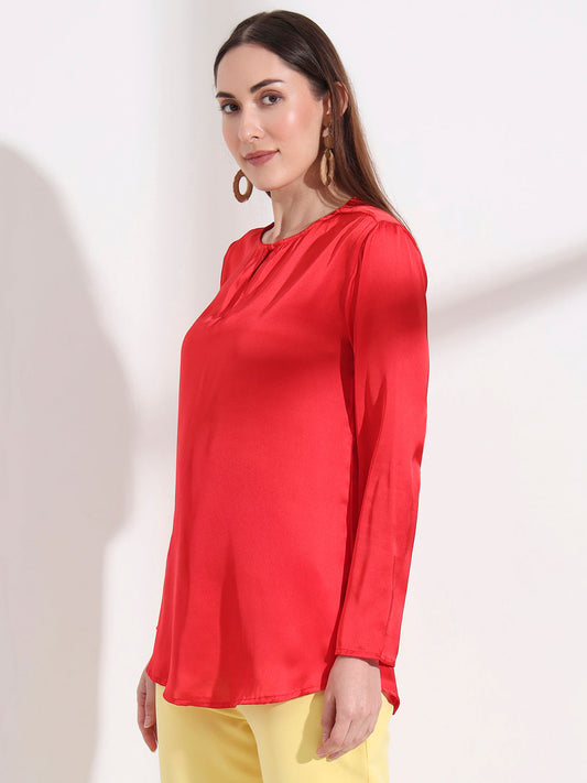 Summer Satin Red Mandarin Collar Button Tunic