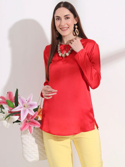 Summer Satin Red Mandarin Collar Button Tunic