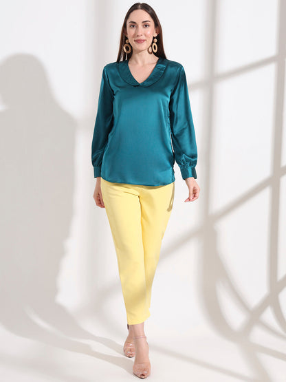 Summer Satin Peacock Peter Pan Collar Top