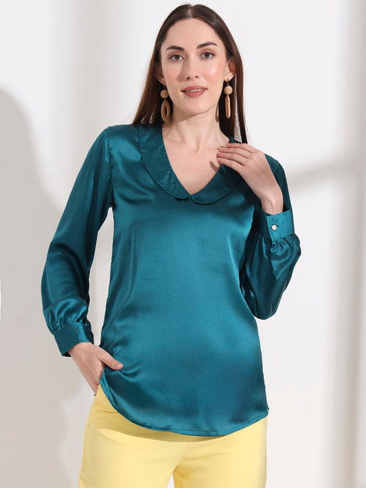 Summer Satin Peacock Peter Pan Collar Top