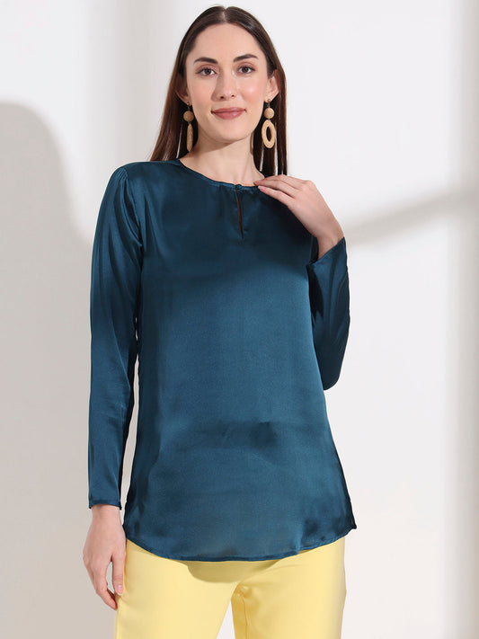 Summer Satin Deep Teal Mandarin Collar Button Tunic