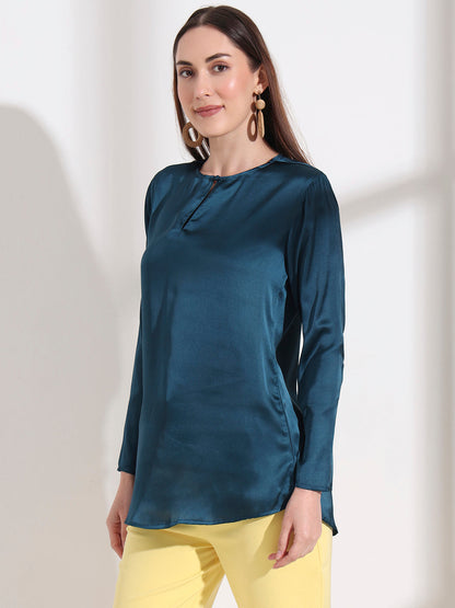 Summer Satin Deep Teal Mandarin Collar Button Tunic