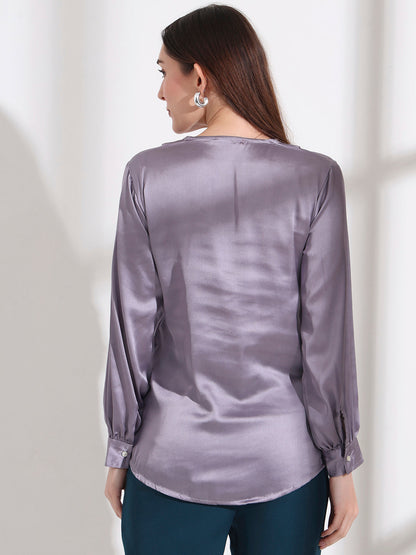 Summer Satin Bluish Grey Peter Pan Collar Top