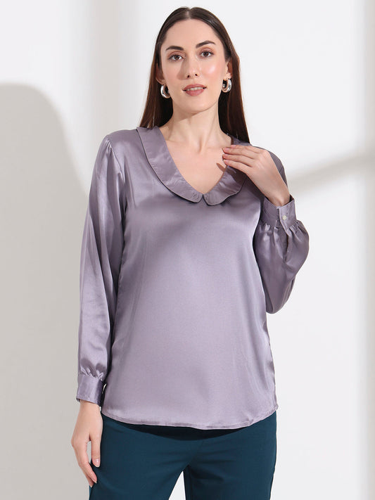 Summer Satin Bluish Grey Peter Pan Collar Top
