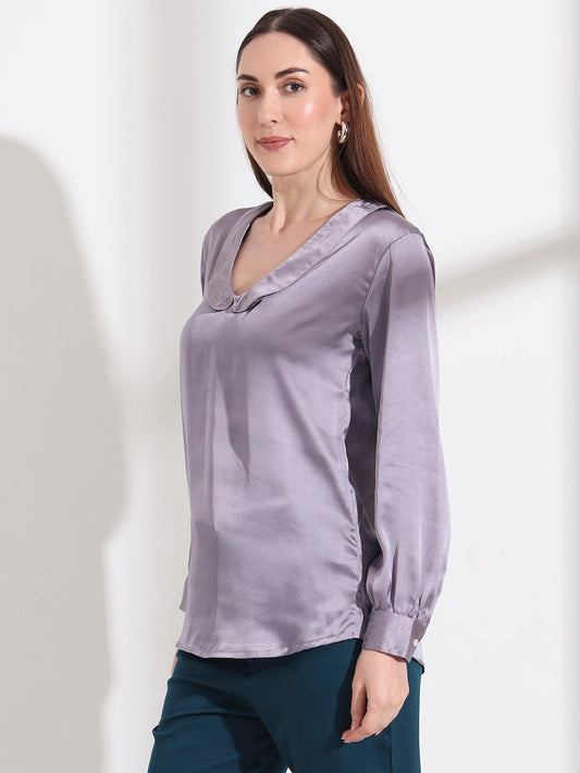 Summer Satin Bluish Grey Peter Pan Collar Top