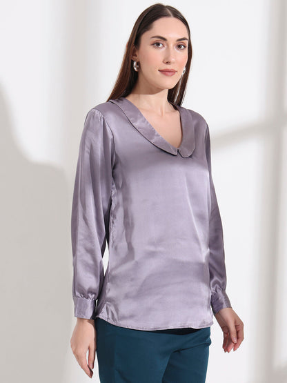 Summer Satin Bluish Grey Peter Pan Collar Top