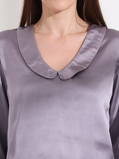 Summer Satin Bluish Grey Peter Pan Collar Top