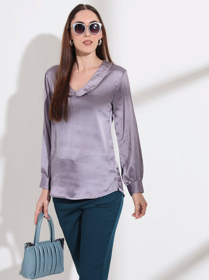 Summer Satin Bluish Grey Peter Pan Collar Top