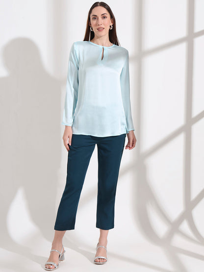 Summer Satin Light Cyan Mandarin Collar Button Tunic