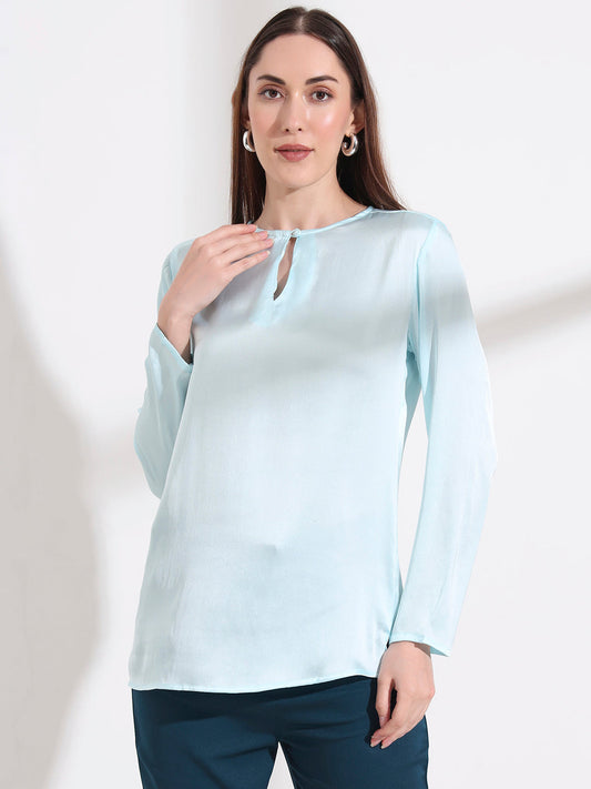 Summer Satin Light Cyan Mandarin Collar Button Tunic