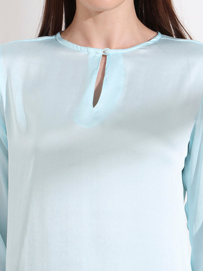 Summer Satin Light Cyan Mandarin Collar Button Tunic