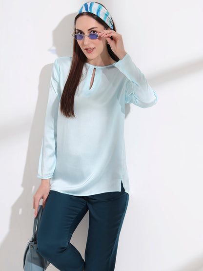 Summer Satin Light Cyan Mandarin Collar Button Tunic