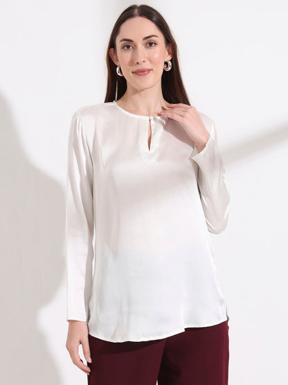 Summer Satin Off White Mandarin Collar Button Tunic