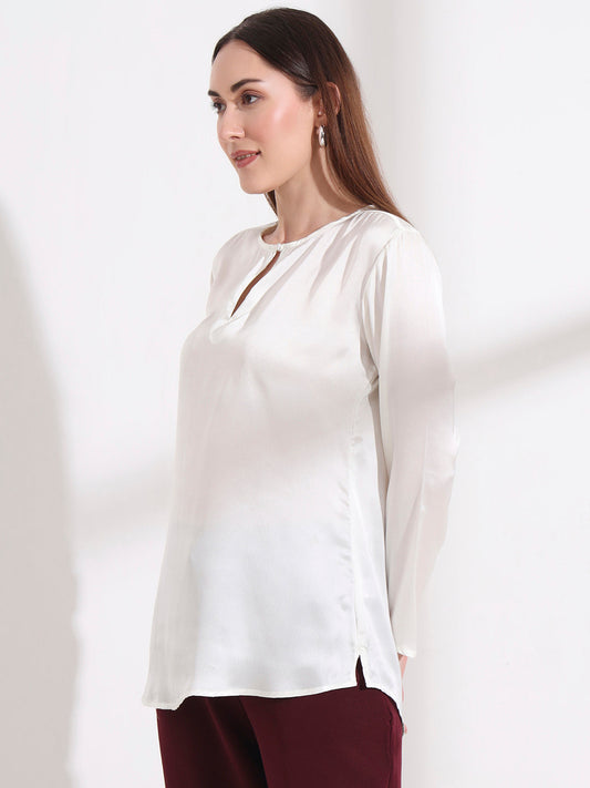 Summer Satin Off White Mandarin Collar Button Tunic