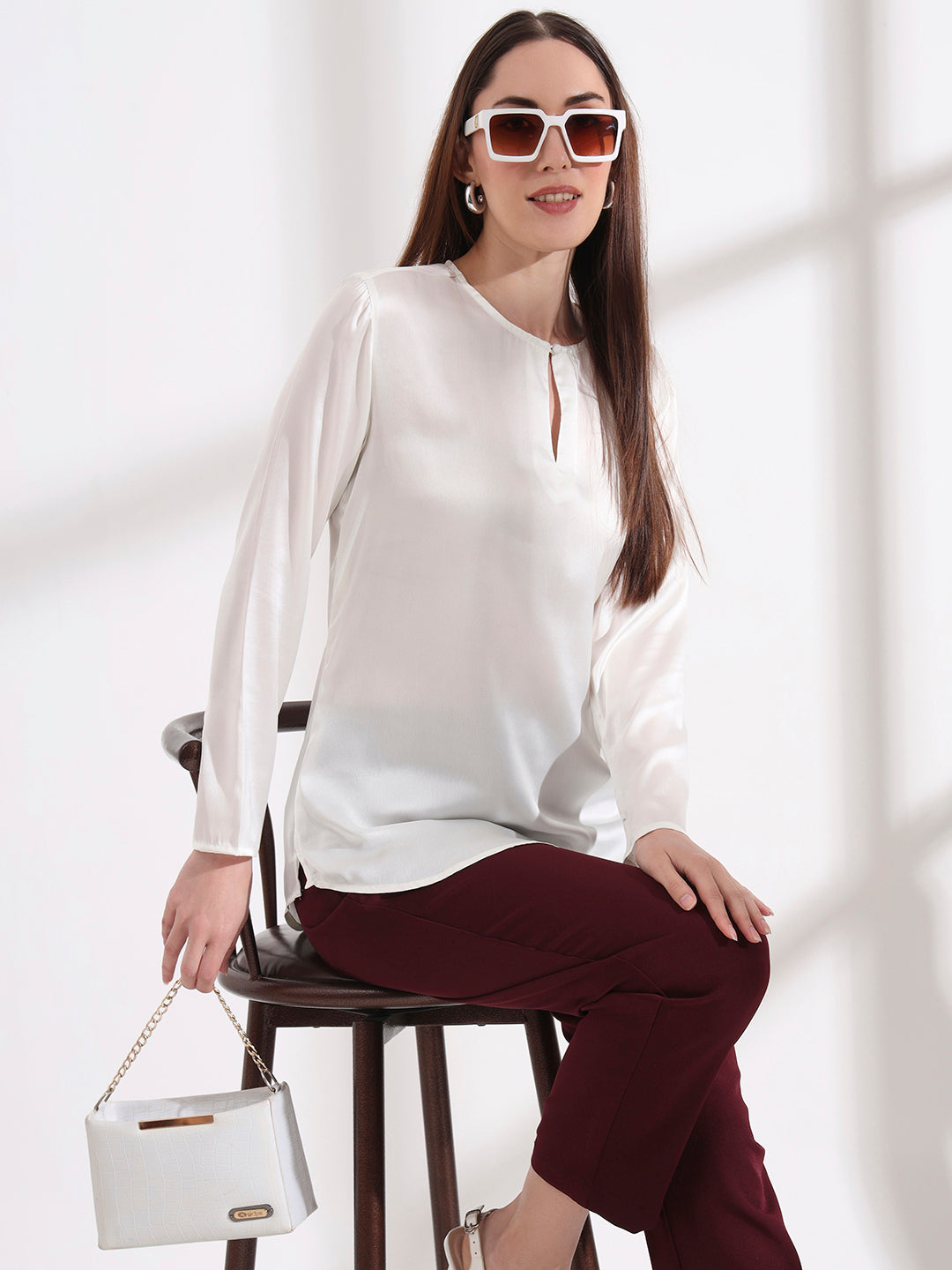 Summer Satin Off White Mandarin Collar Button Tunic