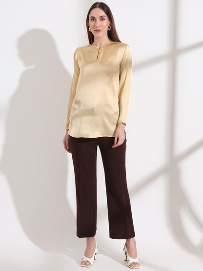 Summer Satin Gold Mandarin Collar Button Tunic