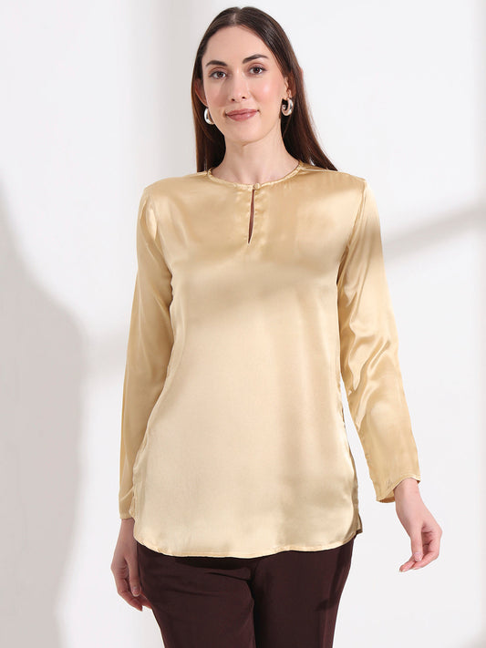Summer Satin Gold Mandarin Collar Button Tunic