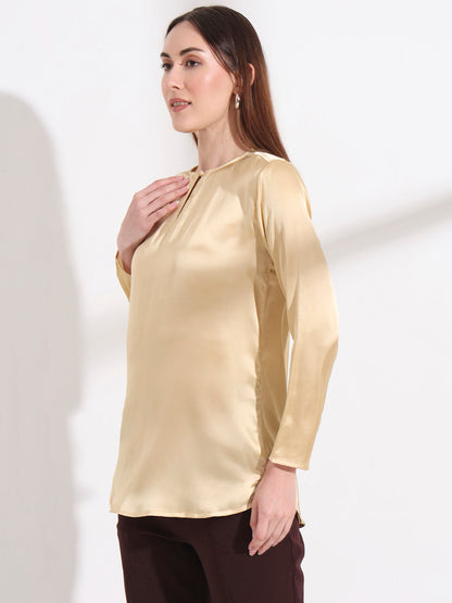 Summer Satin Gold Mandarin Collar Button Tunic