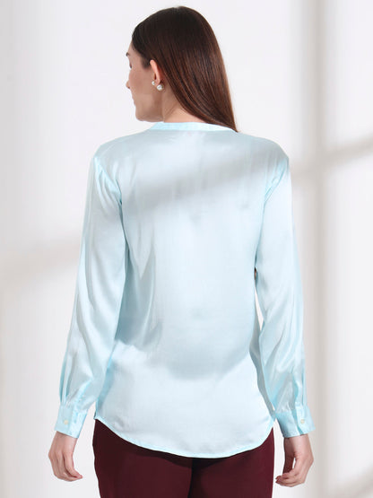 Summer Satin Light Cyan Front Pleated Tunic