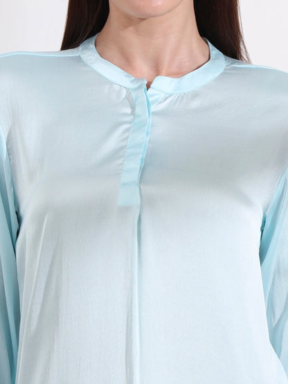 Summer Satin Light Cyan Front Pleated Tunic