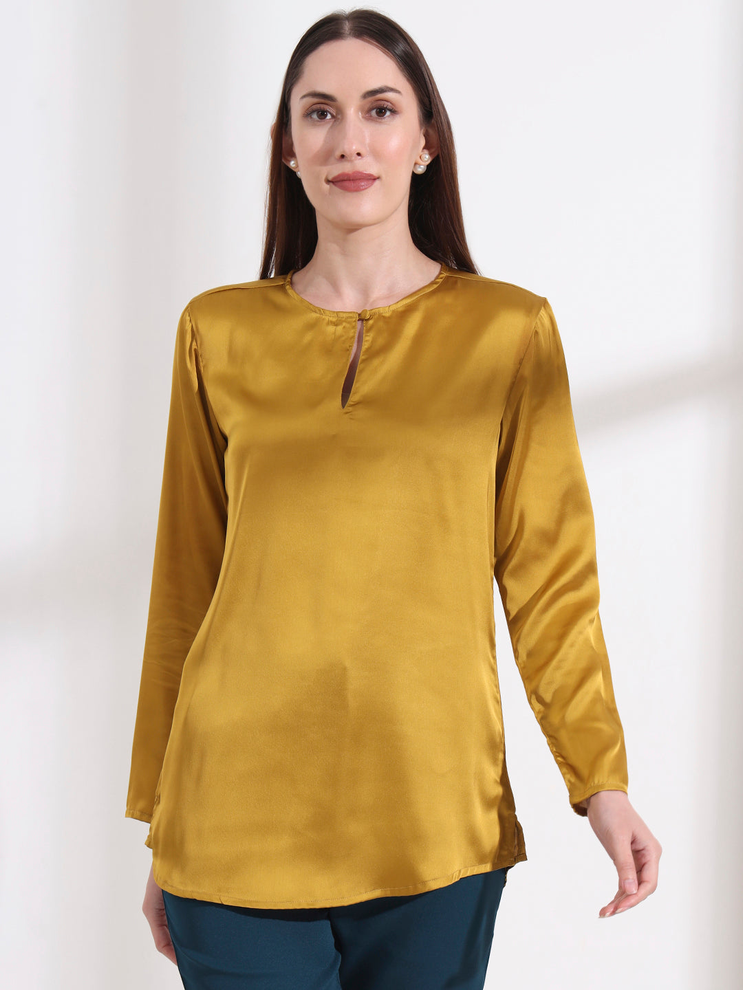 Womens Premium Summer Satin Mettalic Gold Mandarin Collar Button Tunic