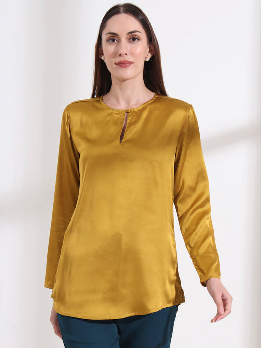 Womens Premium Summer Satin Mettalic Gold Mandarin Collar Button Tunic