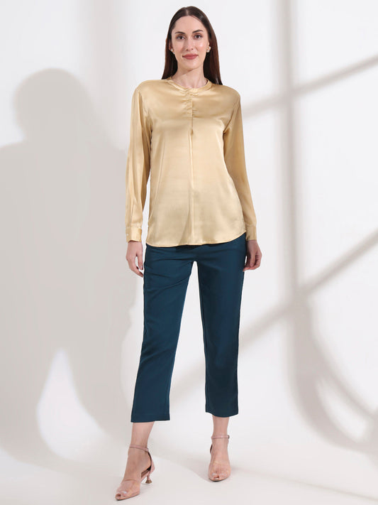 Summer Satin Gold Front Pleated Tunic