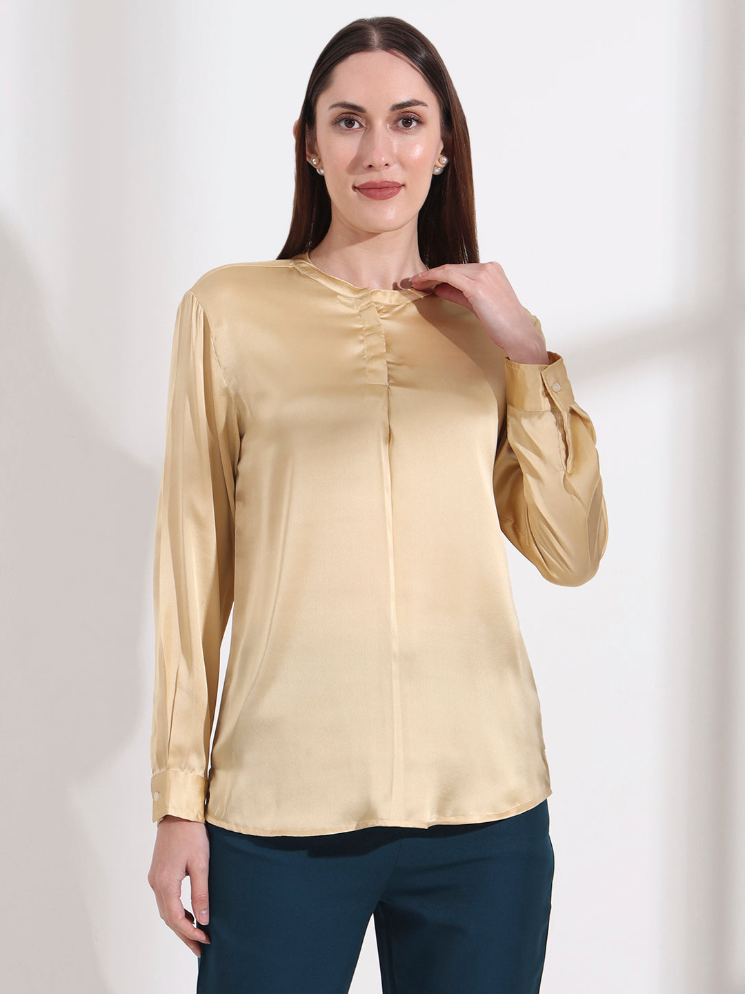 Summer Satin Gold Front Pleated Tunic