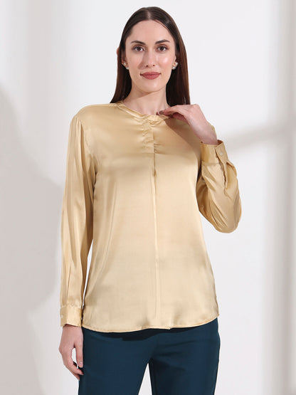 Summer Satin Gold Front Pleated Tunic