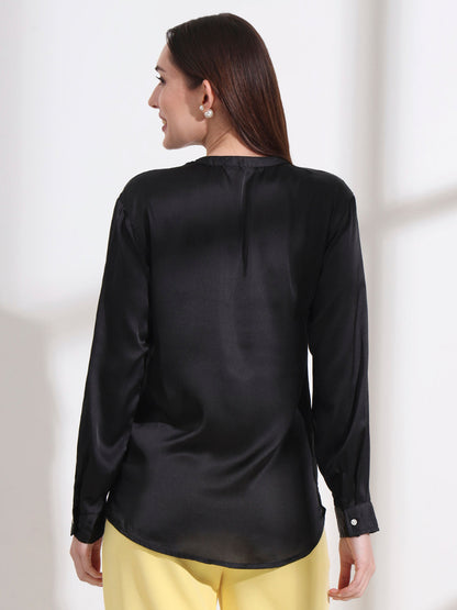 Summer Satin Black Front Pleated Tunic