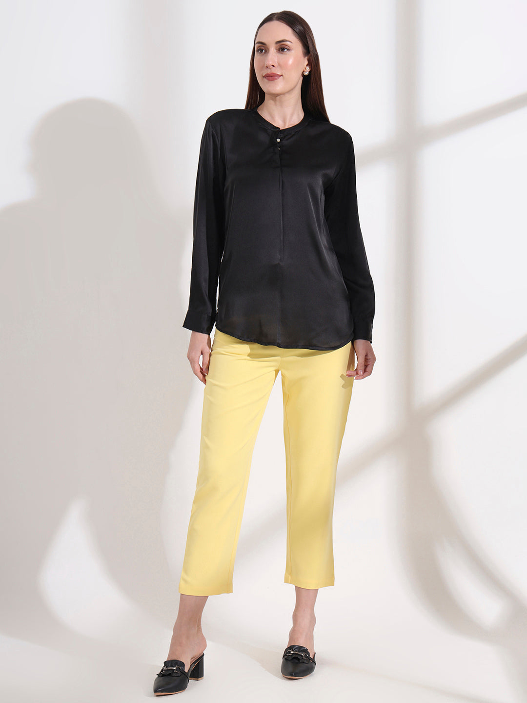 Summer Satin Black Front Pleated Tunic