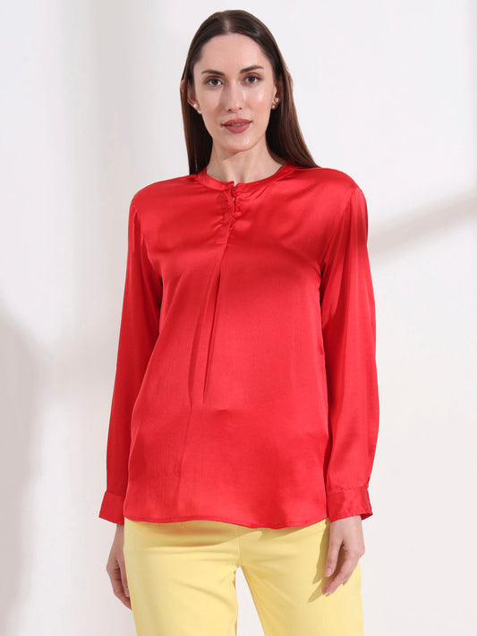 Summer Satin Red Front Pleated Tunic
