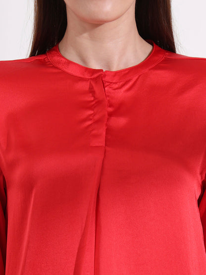 Summer Satin Red Front Pleated Tunic