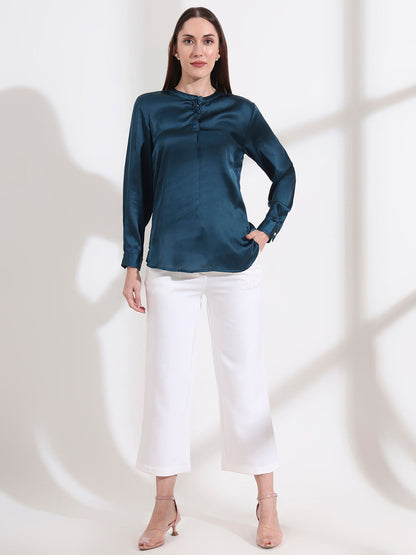 Summer Satin Deep Teal Front Pleated Tunic