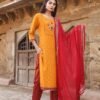 Kesariyavanity Haldi Ready Mustard-Red Suit