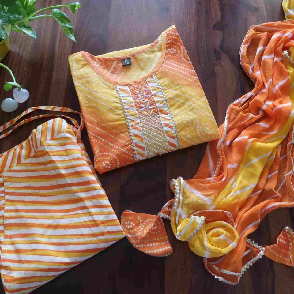 Yellow & Orange Bandhej Pure Cotton Suit -(3 piece)