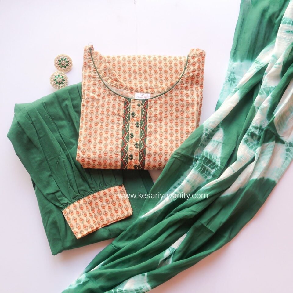 Afgani Green Tie-dye Breathable Relaxing Fit Cotton Suit (3 piece)