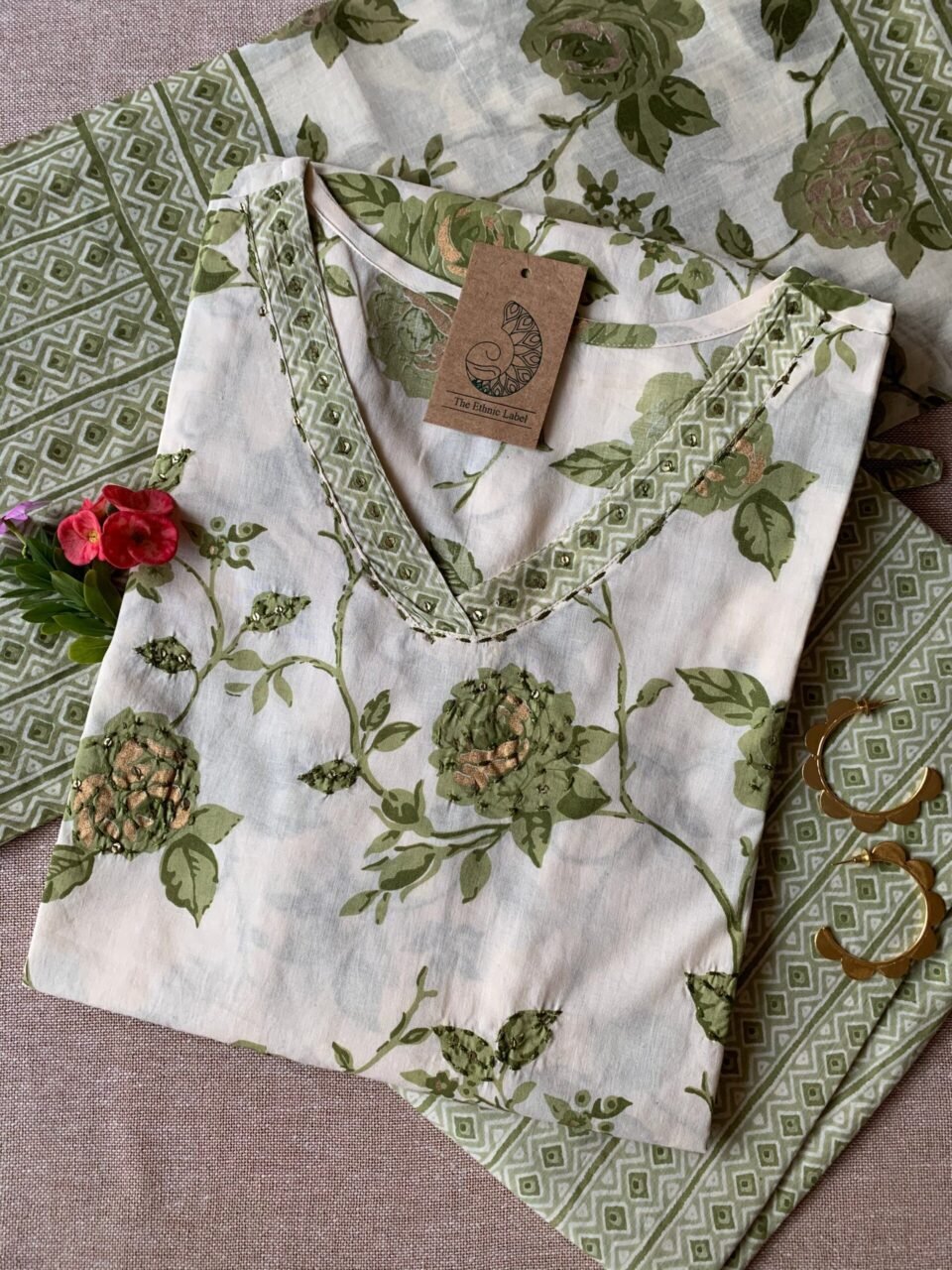 Cream Mehendi "Gold" Cotton Kurta Set with Dupatta - 3 pc