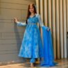 blue marble printed organza suit set