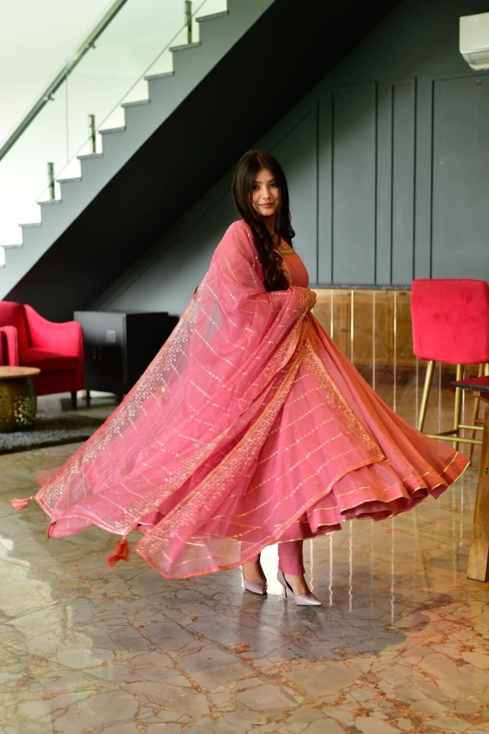 navamee peach organza suit set