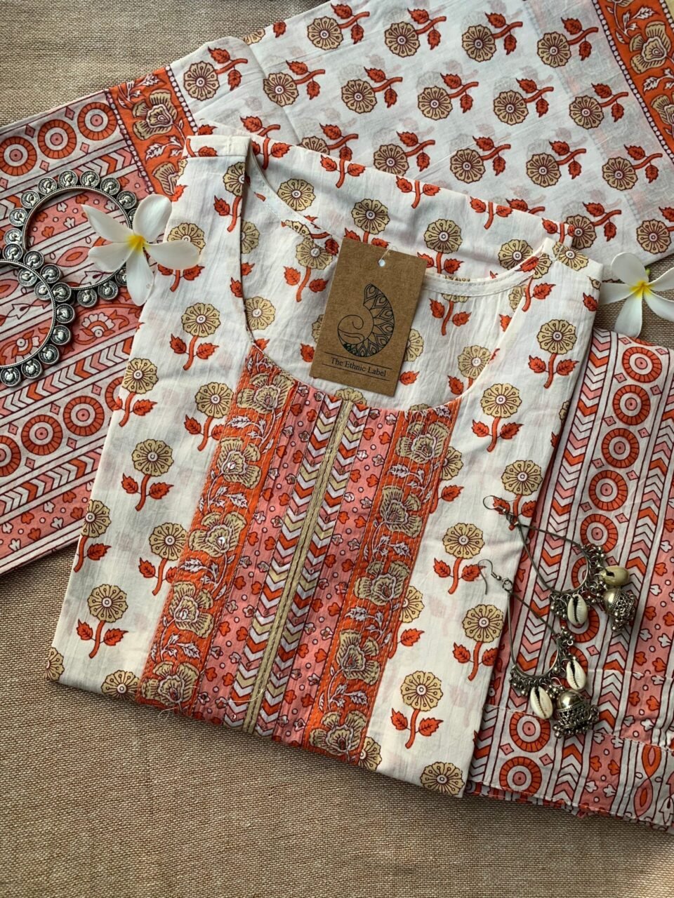 White Orange Block Print Cotton Suit Set