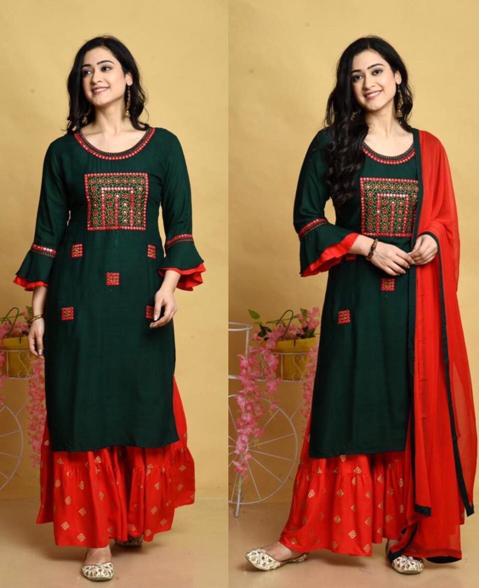 Women's Rayon Embroidery work Kurta With Sharara Dupatta Set