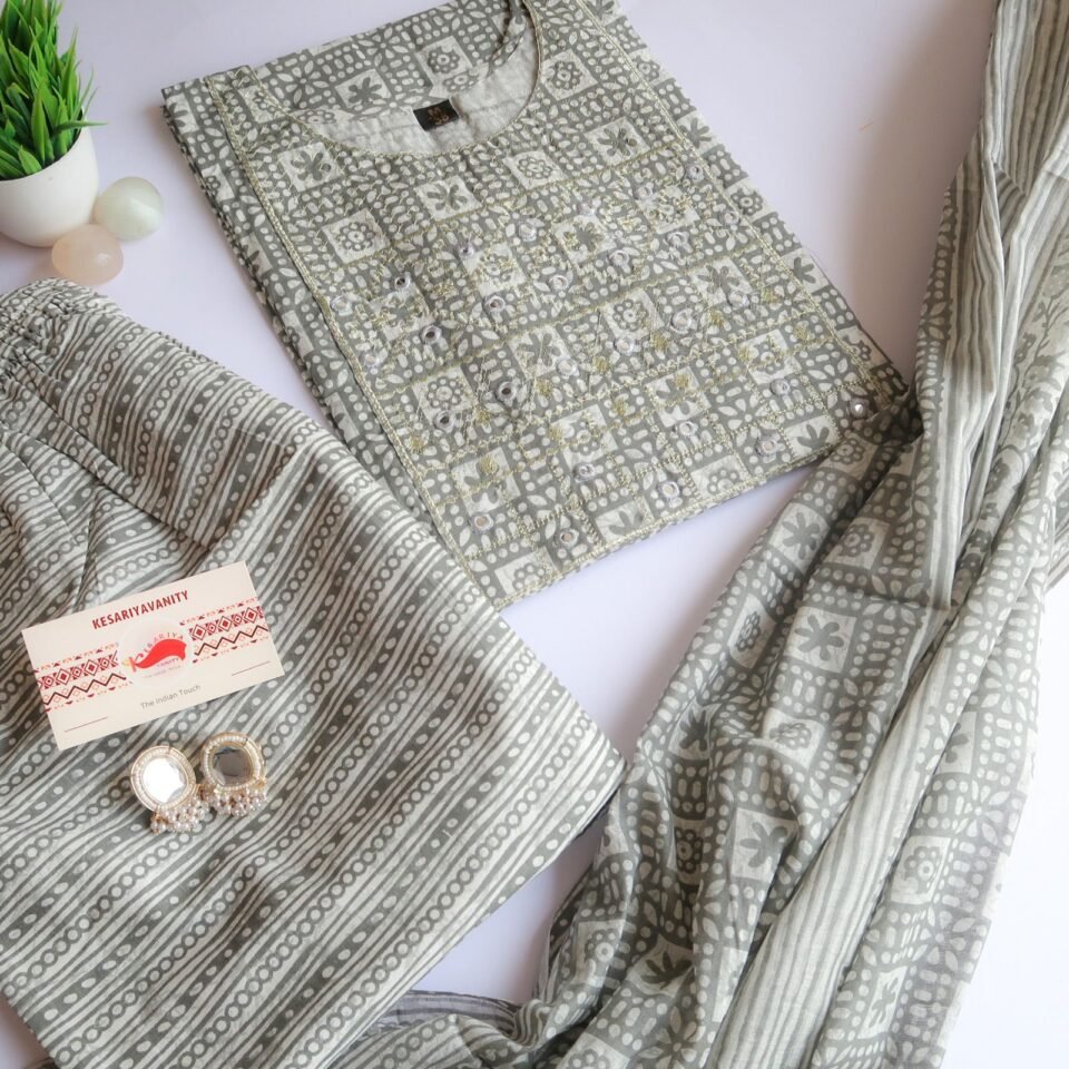 Floral Grey Zari work Slim Fit Suit