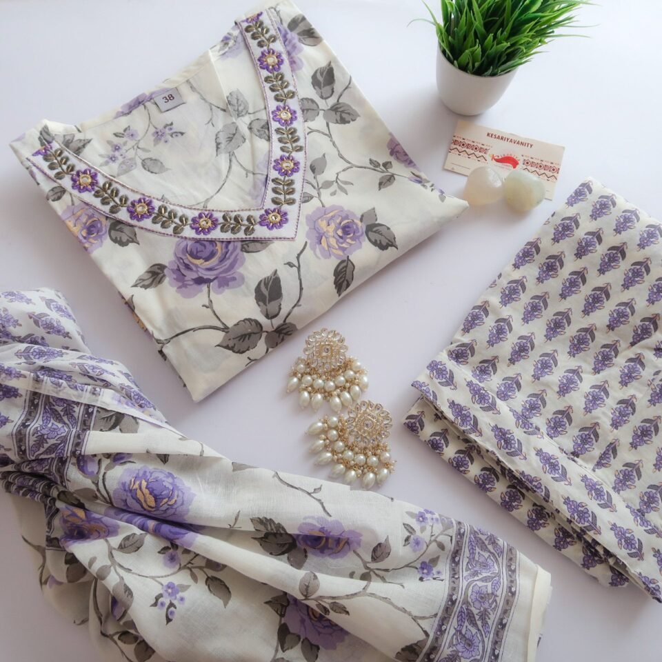 Luxurious Lavender Roses Cotton Suit (3 piece)