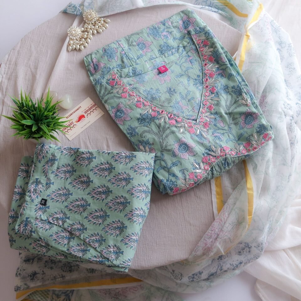 Soothing Floral Premium Cotton Suit Set - Sea Blue