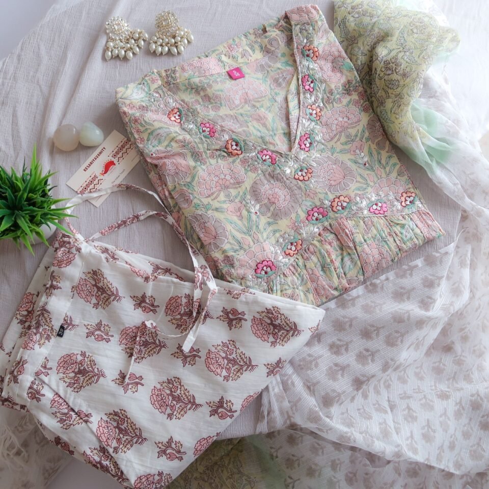 Soothing Floral Premium Cotton Suit Set - Cream Yellow