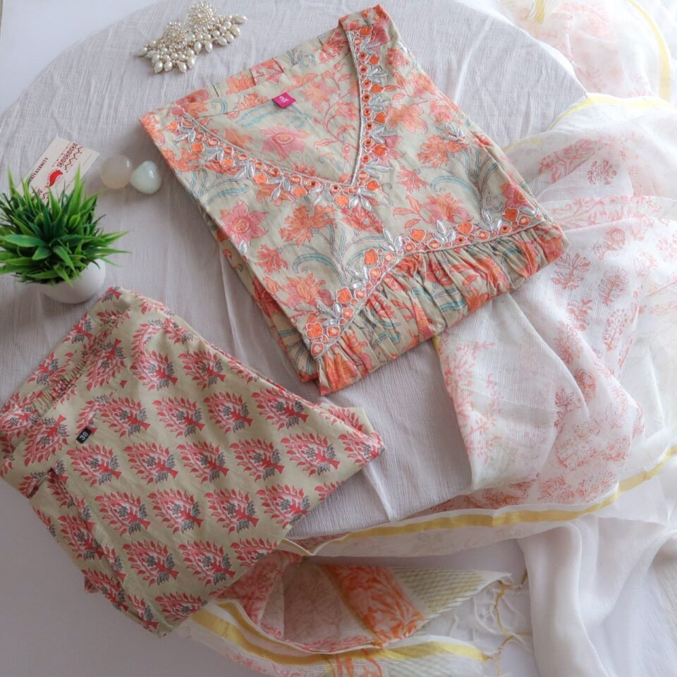 Soothing Orange Floral Premium Cotton Suit Set